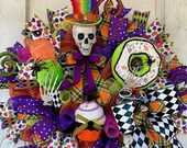 Halloween Skeleton Wreath, Halloween Candy Wreath, Halloween Decor, Skeleton Decor, Rainbow Skeleton Wreath, Halloween Door, Halloween Party