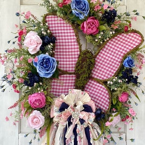 XL Spring Summer Floral Wreath with Rag Bow, Butterfly Wreath, Grapevine Wreath, Summer Decor, Butterfly Decor, Pink and Blue Wreath