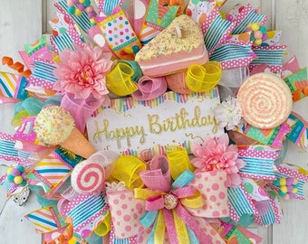 Happy Birthday Wreath, Birthday Party Decor, Kid's Party Decor, Birthday Gift, Party Decorations, Sweet Themed Wreath