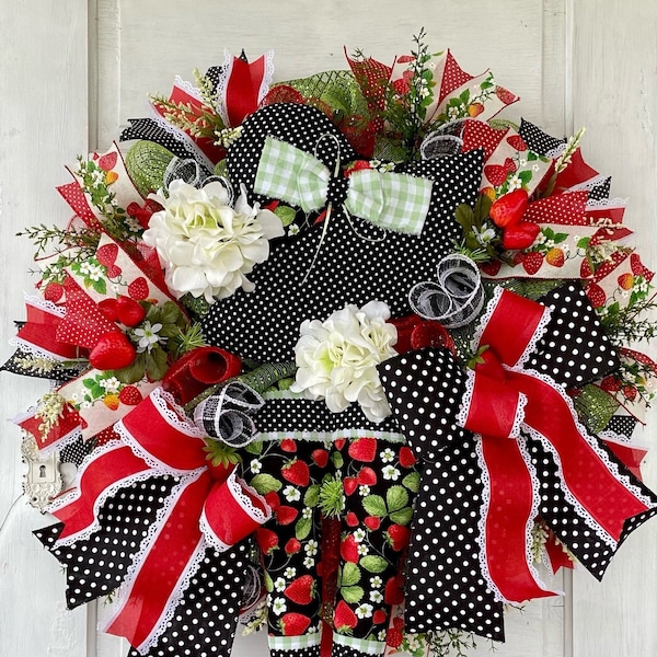 Summer Wreath, Strawberry Wreath, Gardening Wreath, Summer Decor, Strawberry Decor,  Red and Black Decor,  Welcome Wreath, Strawberry Girl