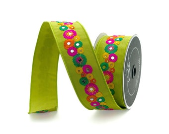 Farrisilk Mod Flowers Ribbon, 2.5 Inch Wired Ribbon, 10 Yard Roll, Designer Ribbon, Green Ribbon, Floral Ribbon, Wreath Ribbon