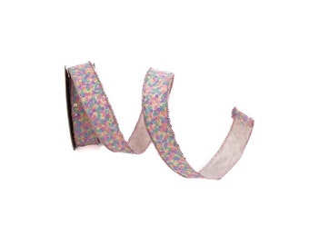 Farrisilk Pastel Party 1 Inch Wired Ribbon, 10 Yards, Designer Ribbon, Wreath Ribbon, Pink Ribbon, Sequined Ribbon