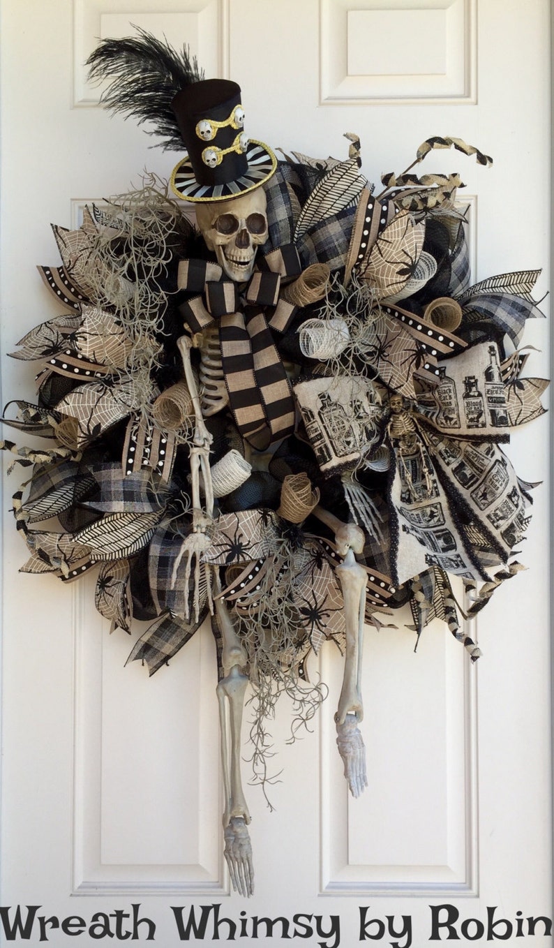 XL Halloween Skeleton Deco Mesh Wreath in Tan & Black Front Etsy