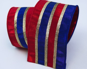 Patriotic Designer Ribbon, 10 Yards, Farrisilk Ribbon, 4 Inch Wired Ribbon, Wreath Ribbon, Floral Supplies, Patriotic Decor