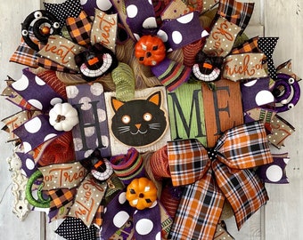 Halloween Wreath, Fall Wreath, Rustic Halloween Wreath, Halloween Cat Wreath, Halloween Welcome Wreath, Halloween Decor, Black Cat Decor