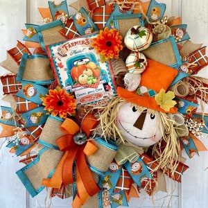 Fall Wreath, Scarecrow Wreath, Autumn Wreath, Fall Decor, Scarecrow Decor, Teal Blue and Orange Fall Wreath, Fall Door