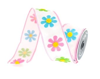 Farrisilk Spring Daisies Ribbon, 2.5 Inch Wired Ribbon, Designer Ribbon, Wreath Ribbon, Spring Summer Ribbon, Pastel Ribbon, Floral Ribbon