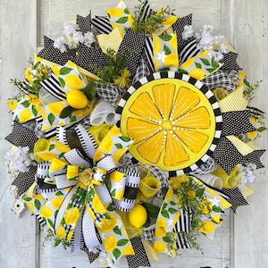 Lemon Wreath, Everyday Wreath, Summer Wreath, Lemon Decor, Door Wreath, Kitchen Decor, Yellow Black White Wreath, Housewarming Gift