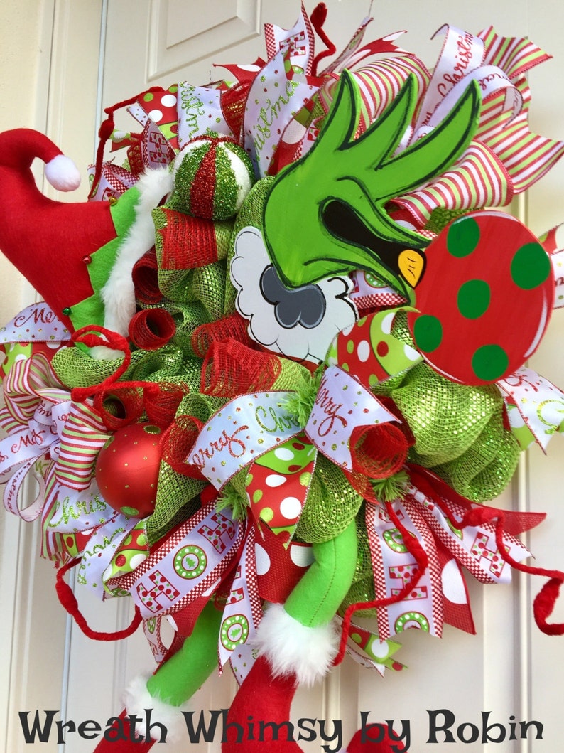 Grinch Christmas Deco Mesh Wreath in Lime Green & Red Holiday Etsy