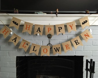 Happy Halloween, Bat Garland, Halloween Sign, Witch Decor, Burlap Banner, Home Decoration, Entryway, Rustic Photo Prop