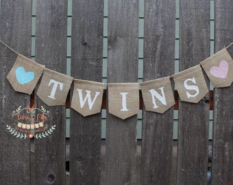 Twins Baby Shower, Burlap Banner Decoration, Shower Sign, New Baby Banner, Boy and Girl, Baby Decor, Bunting, Gender Reveal, Custom banner