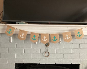 Nautical Banner, Anchor, Anchor Sign, Beach Burlap Banner, Ocean House, Coastal Home Decor or Garland, Beach House Decor, Birthday Party