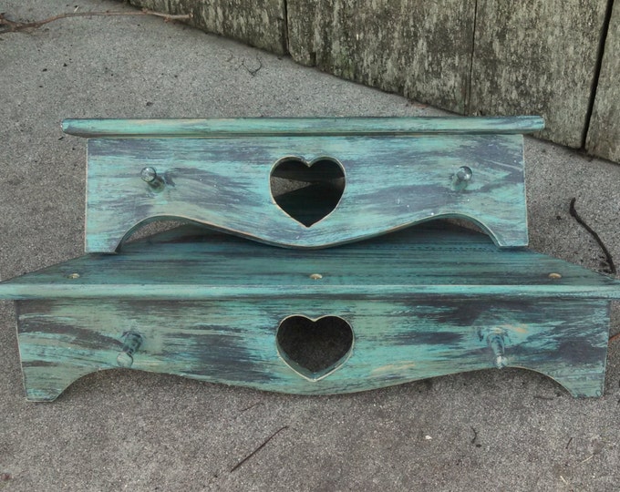 Rustic Shabby Chic Corner Shelves With Heart Set of Two, Hang Shelf