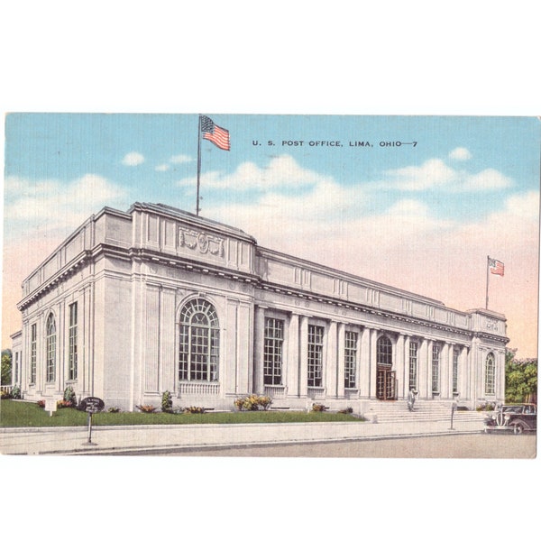 Ohio Postcard -US Post Office Lima- Historical Building- Postmarked - 1940s USA Travel Souvenir Color Linen Post Card -8832