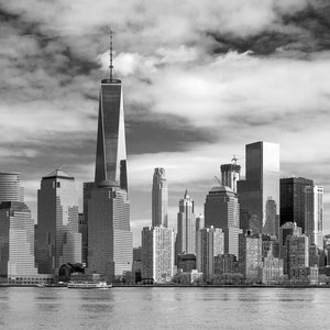 Lower Manhattan Skyline Featuring the World Trade Center Freedom Tower - Black and White, Viewed from Liberty State Park, Jersey City, NJ