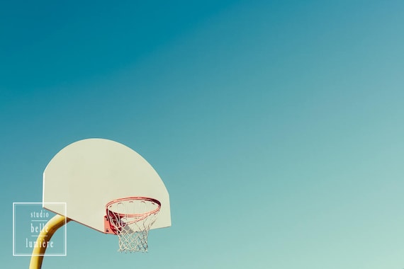Basketball Backboard And Net On Blue Sky Background Sports Cool Retro Color Tone Boys Room Nursery Game Room Rec Room Decor