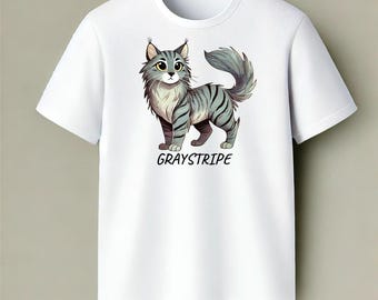 Vuxen grårandig krigarkatter-t-shirt för fans | Anpassad klankattdesign | Gåva för krigarkatter-älskare | Kattfantasi-t-shirt