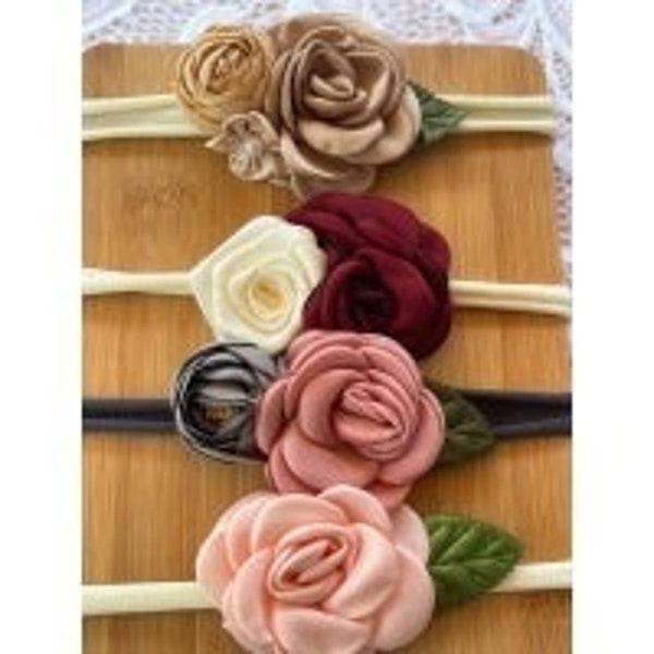 4 Baby Newborn Nylon Headbands Flowers Rose Tulip Rosette Pink Mauve Ivory One Size Fit Most