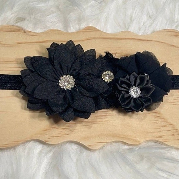 Baby Black Baby Shabby Lotus Cluster Flowers 14" Headband Black