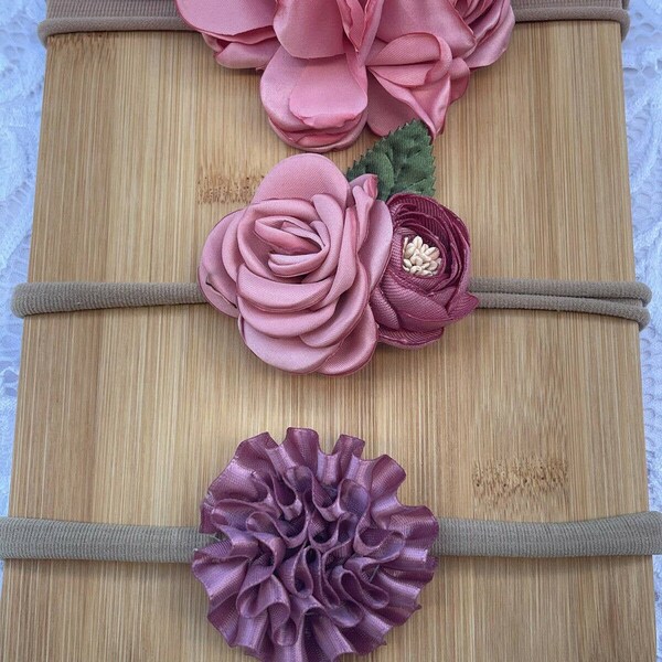 3 Newborn Baby Headbands Fabric Flowers Rose Tulip Mauve Photo Prop Gift