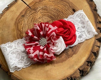 Handmade Baby Lace 14" Headband Roses Flowers Red White Christmas Photo Prop