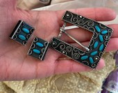 Vintage Navajo Sterling Silver Turquoise Twisted Wire Rope Ranger Belt Buckle Set Handmade Western