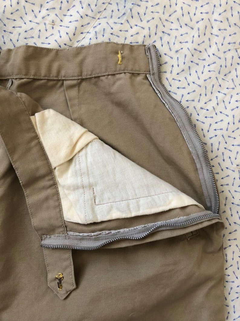 Vintage 1950s 50s Khaki Side Zip Shorts Utility Tan Beige High Waist