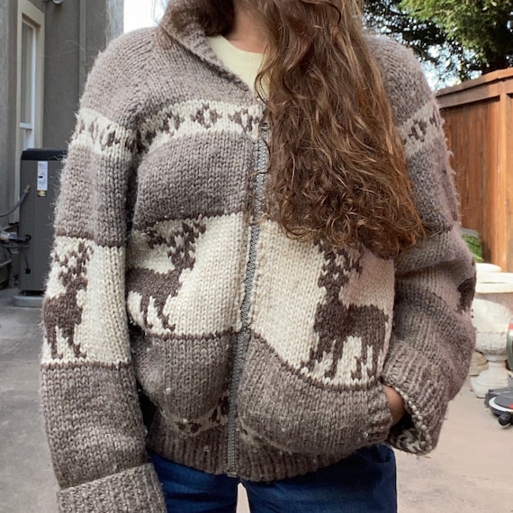 Vintage 70s Cowichan Sweater Zip Up Reindeer Shawl
