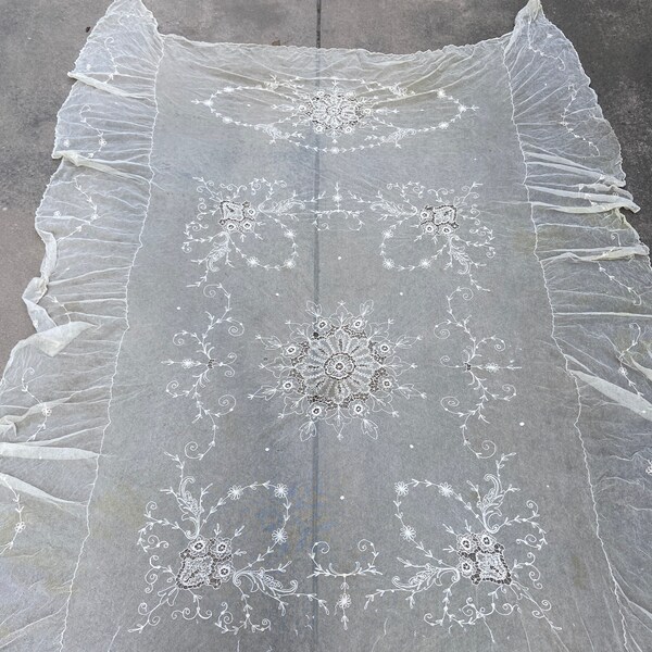 RESERVED- Antique Victorian Tambour Tulle Netted Lace Bedspread Bed Cover Coverlet As Is