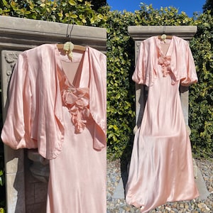 Vintage 1930s Dress Two Piece Ballet Pink Petal Sleeve Jacket Bias Cut Slip Set Floral