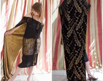 Antique Edwardian Cape Devore Velvet Gold Lamé Tassel Trained Silk Charmesuse 1920s 1910s Gown