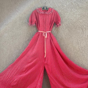 Vintage 1940s Jumpsuit Zip Front Polka Dot Palazzo Pant Rare Puff Sleeve 1930s