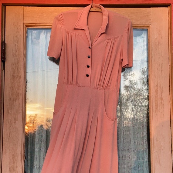 Vintage 1930s Rayon Crepe Dress Pale Pink Button F