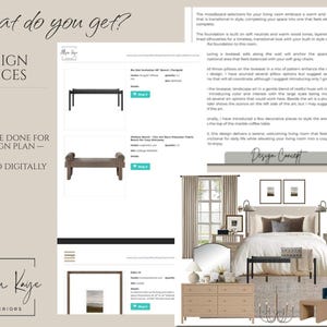 Puede incluir: Una presentaci&oacute;n de servicio de dise&ntilde;o de interiores digital de Allison Kaye Interiors con el texto What do you get with my E-Design Services, un plan de dise&ntilde;o completo entregado digitalmente y un tablero de inspiraci&oacute;n.