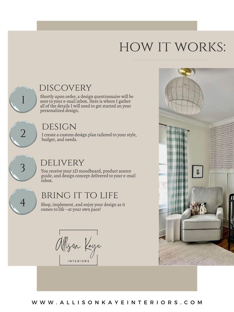 Puede incluir: Un gr&aacute;fico informativo titulado HOW IT WORKS que describe un proceso de dise&ntilde;o de interiores de cuatro pasos: Discovery, Design, Delivery y Bring It To Life. Una fotograf&iacute;a muestra una habitaci&oacute;n con un sill&oacute;n gris, cortinas a cuadros y una l&aacute;mpara.
