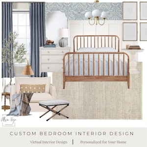 Puede incluir: Un concepto de dise&ntilde;o de interiores para dormitorio que incluye una cama de madera con barrotes, una c&oacute;moda blanca de tres cajones, un sill&oacute;n crema con coj&iacute;n lumbar estampado, una manta a cuadros, un taburete, una mesa auxiliar y cortinas azules.