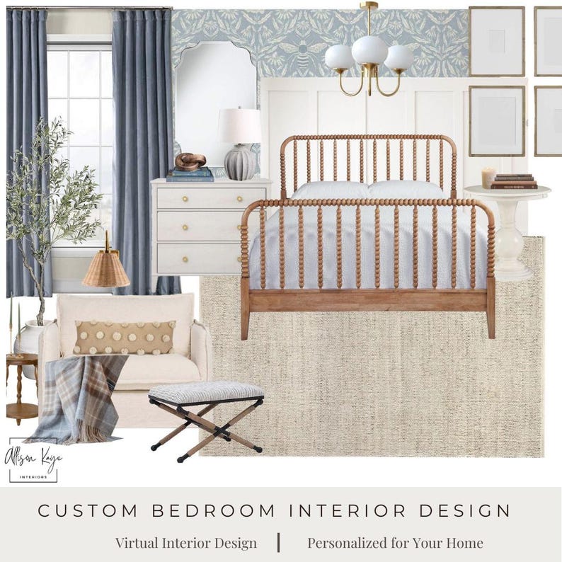 Puede incluir: Un concepto de dise&ntilde;o de interiores para dormitorio que incluye una cama de madera con barrotes, una c&oacute;moda blanca de tres cajones, un sill&oacute;n crema con coj&iacute;n lumbar estampado, una manta a cuadros, un taburete, una mesa auxiliar y cortinas azules.