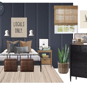 May include: A bedroom interior design board featuring a black metal bed frame, two brown leather ottomans, a wooden nightstand, a black dresser, a woven basket with a snake plant, a beige area rug, and wall art with the text LOCALS ONLY.