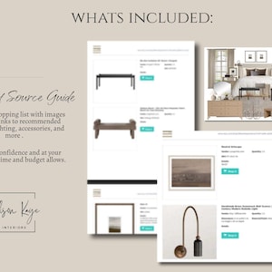 Puede incluir: Una gu&iacute;a de fuentes de productos digitales titulada WHATS INCLUDED: 02 Product Source Guide de Allison Kaye Interiors. Muestra una lista de compras con im&aacute;genes y enlaces para muebles, iluminaci&oacute;n y accesorios, incluyendo un tablero de dise&ntilde;o.