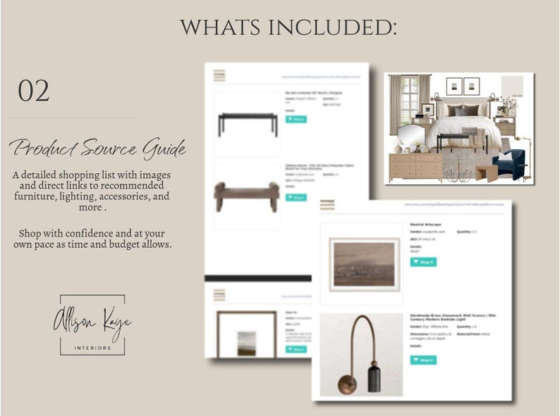 Puede incluir: Una gu&iacute;a de fuentes de productos digitales titulada WHATS INCLUDED: 02 Product Source Guide de Allison Kaye Interiors. Muestra una lista de compras con im&aacute;genes y enlaces para muebles, iluminaci&oacute;n y accesorios, incluyendo un tablero de dise&ntilde;o.