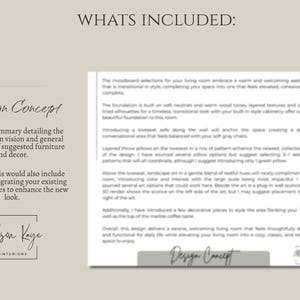 Puede incluir: Un gr&aacute;fico informativo beige titulado WHATS INCLUDED: 03 Design Concept. Presenta un resumen escrito que detalla una visi&oacute;n de dise&ntilde;o de sala de estar, colocaci&oacute;n de muebles y consejos de decoraci&oacute;n, firmado por Allison Kaye Interiors.