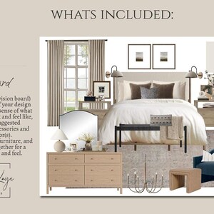 Puede incluir: Un moodboard de dise&ntilde;o de interiores en 2D que muestra una distribuci&oacute;n de dormitorio con una cama de color claro, una c&oacute;moda de madera, un sill&oacute;n azul marino, un banco negro, una alfombra beige, dos cuadros, apliques, una l&aacute;mpara y una muestra de color.