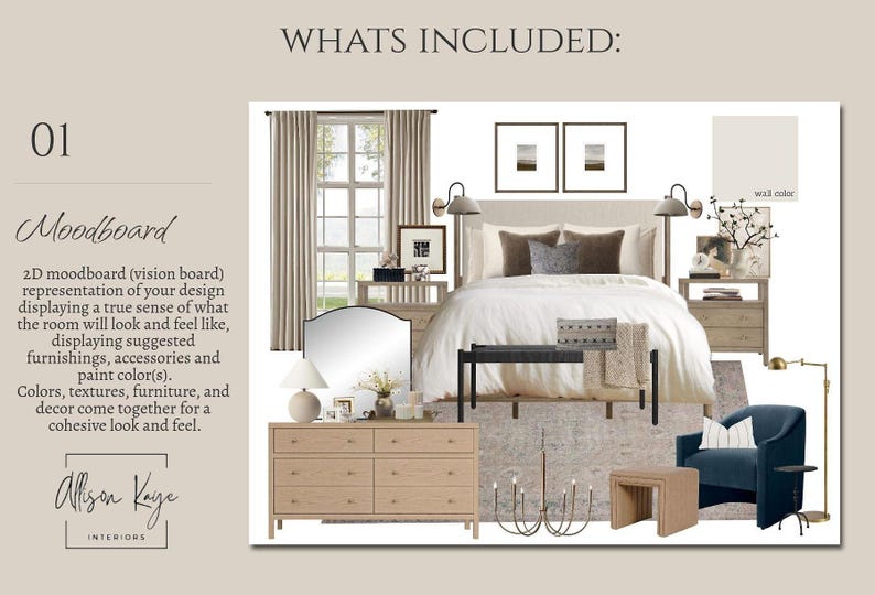 Puede incluir: Un moodboard de dise&ntilde;o de interiores en 2D que muestra una distribuci&oacute;n de dormitorio con una cama de color claro, una c&oacute;moda de madera, un sill&oacute;n azul marino, un banco negro, una alfombra beige, dos cuadros, apliques, una l&aacute;mpara y una muestra de color.