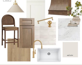 May include: A kitchen design mood board featuring a cream pendant light, white and wood cabinets, a brown wood range hood, a gold faucet, a white sink, gold hardware, white marble tile, light wood flooring, and a cream wall color sample.