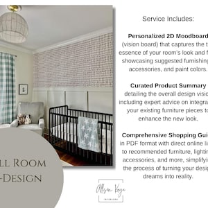 Puede incluir: Un anuncio de servicio de dise&ntilde;o de interiores completo que muestra una habitaci&oacute;n infantil con una cuna negra, un sill&oacute;n gris, papel tapiz estampado y una manta azul claro con estrellas. El texto detalla un moodboard 2D personalizado, un resumen de productos y una gu&iacute;a de compras completa de allisonkayeinteriors.com.