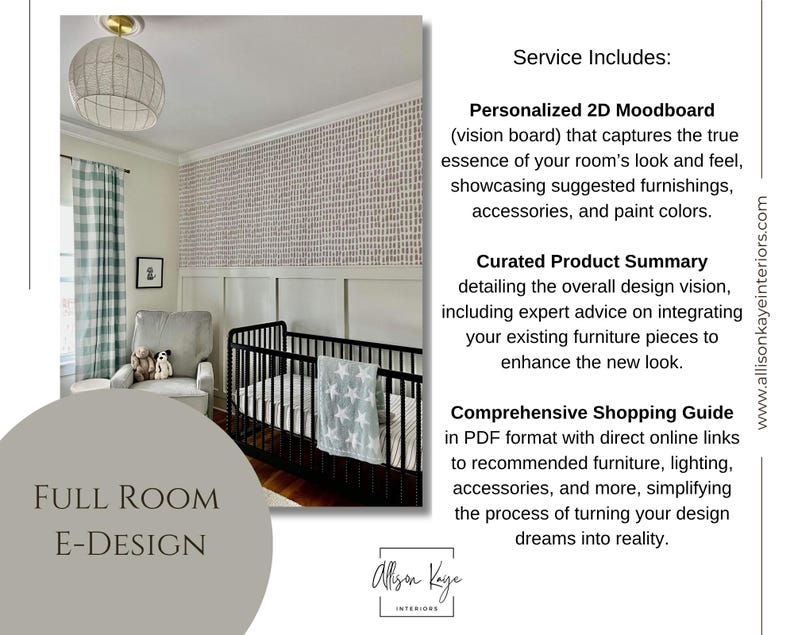 Puede incluir: Un anuncio de servicio de dise&ntilde;o de interiores completo que muestra una habitaci&oacute;n infantil con una cuna negra, un sill&oacute;n gris, papel tapiz estampado y una manta azul claro con estrellas. El texto detalla un moodboard 2D personalizado, un resumen de productos y una gu&iacute;a de compras completa de allisonkayeinteriors.com.