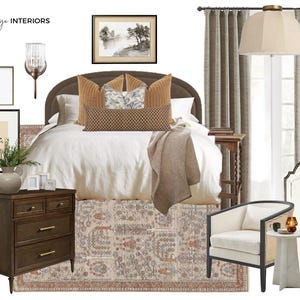 May include: A bedroom interior design featuring a white bed with brown and gold patterned pillows, a brown wooden bedside table with drawers, a white armchair with a black frame, a white lamp with a beige shade, a brown patterned rug, and a framed black and white print of a landscape.