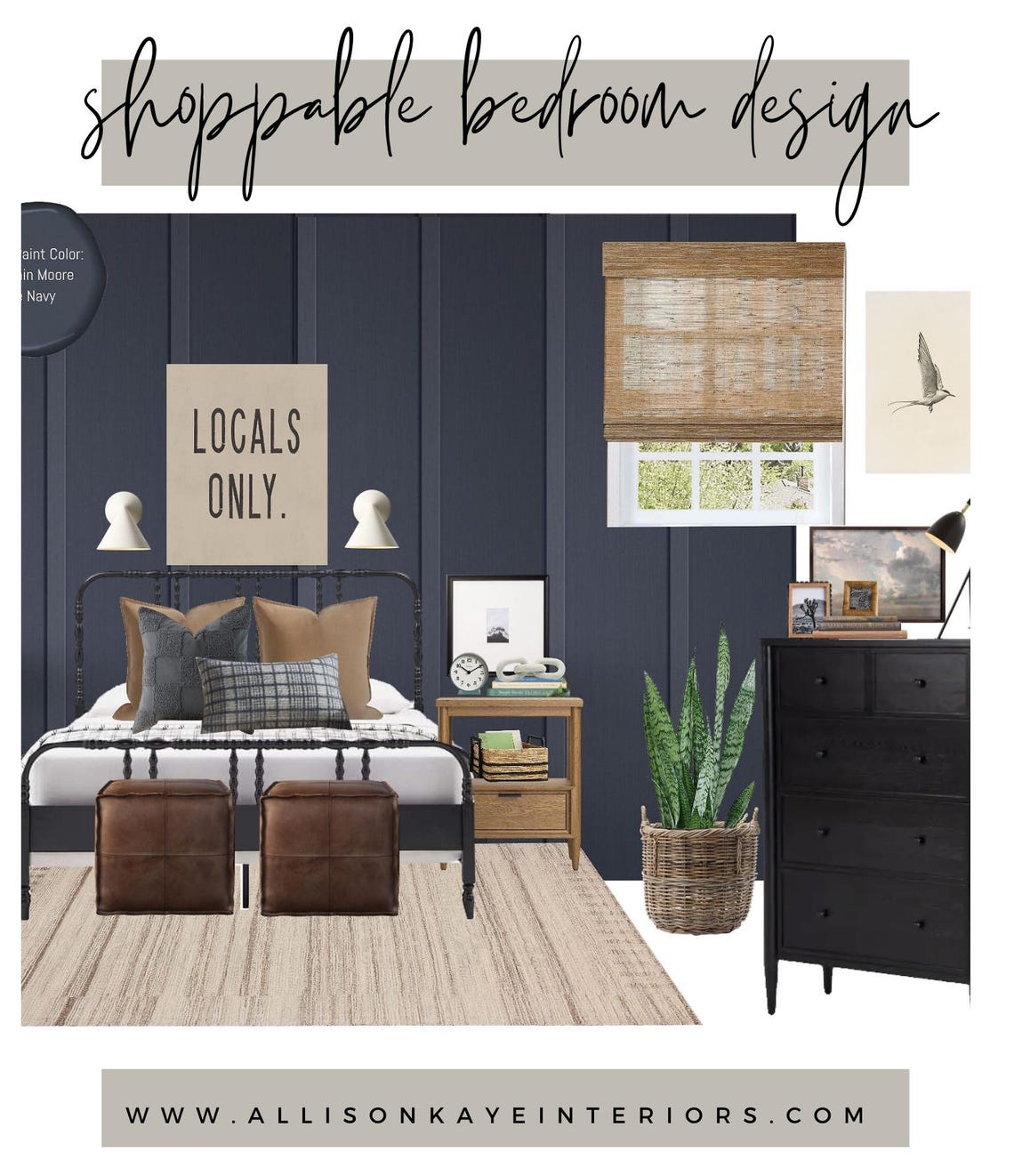 PRE-MADE Modern Rustic Bedroom Design Moodboard, Navy Blue Accents With ...