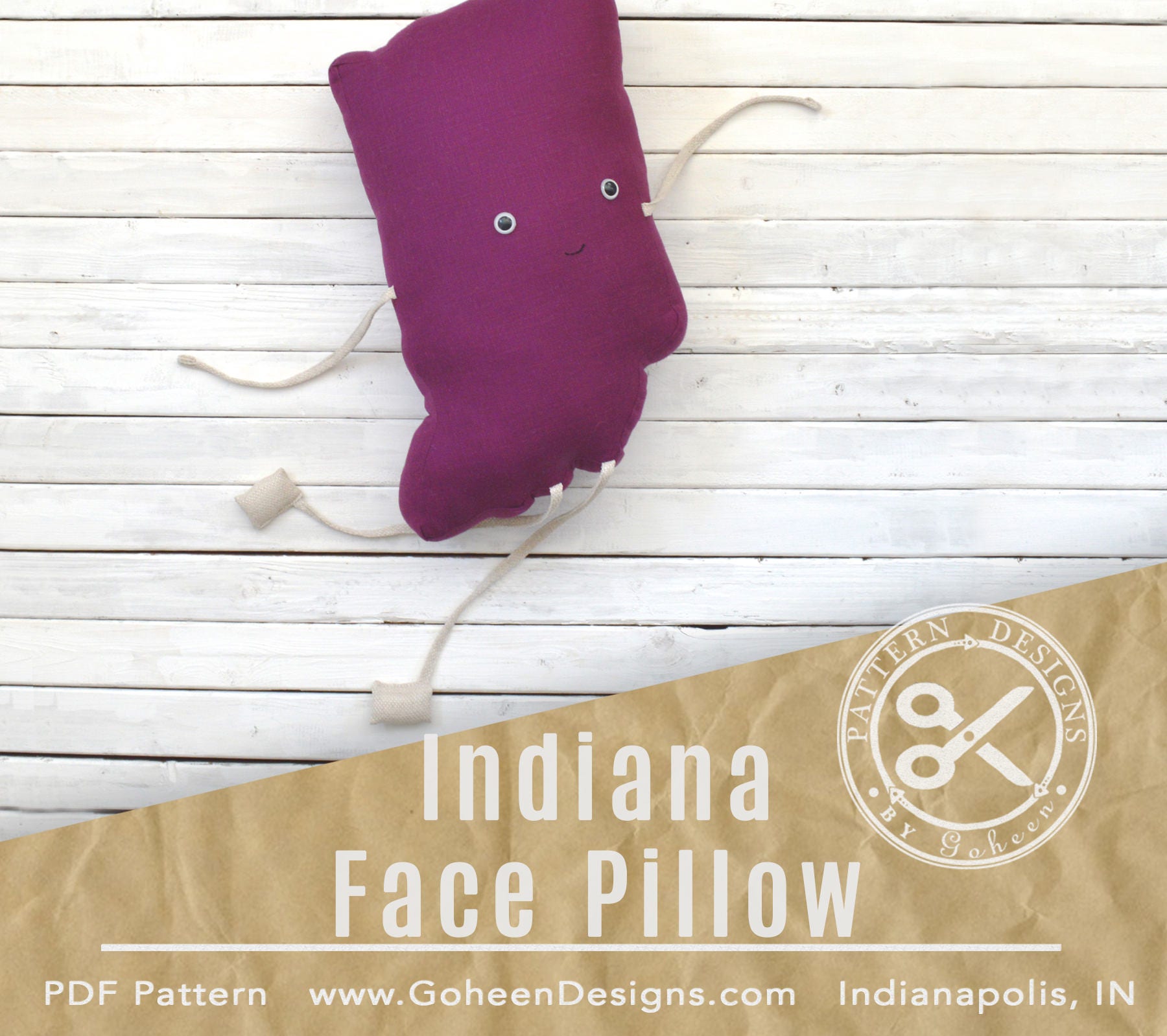 Indiana Pillow PDF Sewing Pattern // State Pillow of Indiana // Indie Pattern Instant Download // DIY Indiana Face Pillow // Indiana Pride