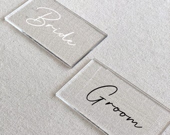 Bride & Groom Acrylic Rectangle Name Place Cards - Clear Escort Cards Seating Name Plates - Personalized Gift - Modern Wedding Decor